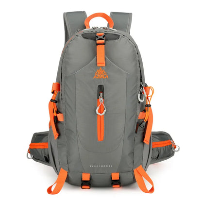 AZELA Electron 40L hiking backpack in white and navy with multiple compartments and adjustable straps