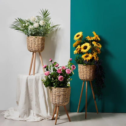 Nordic style floor-standing flowerpot with straw furniture in three sizes for indoor plant display