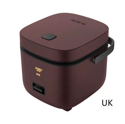 Compact brown 1-2 litre electric rice cooker, 180x200x180mm, with mechanical controls and aluminium pot for small UK kitchens