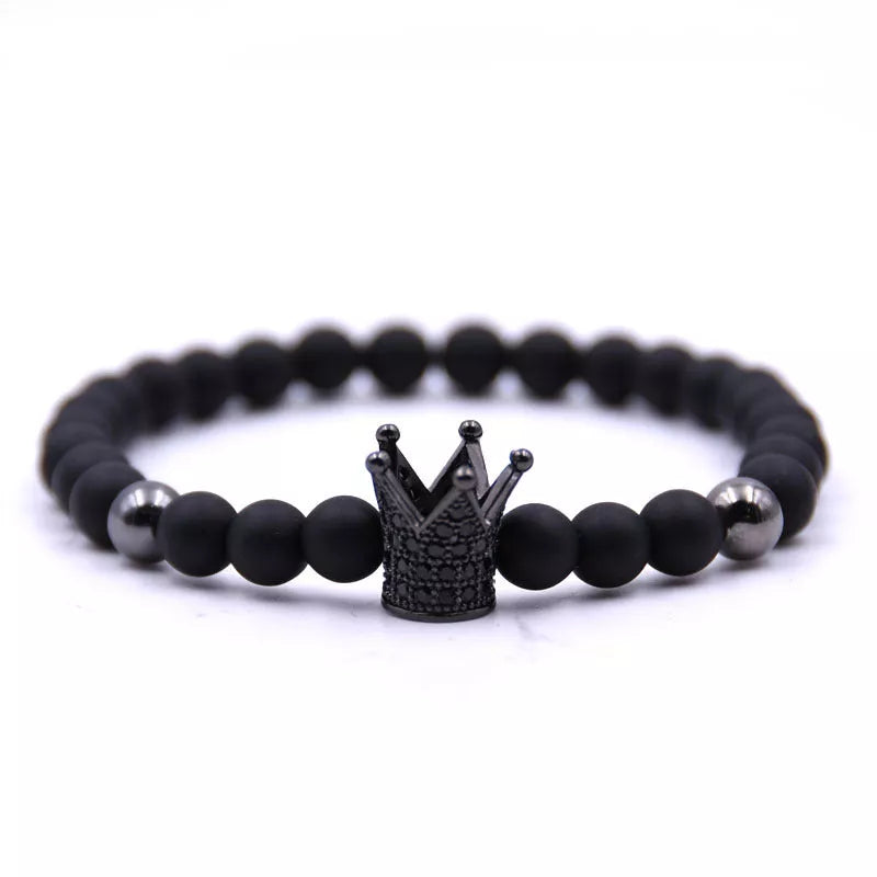 Micro-inlaid crown 6mm matte black and copper bead bracelet with zircon inlays
