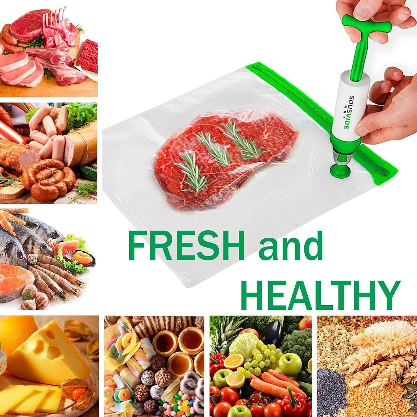 Premium vacuum seal food storage bags with hand pump for keeping food fresh longer