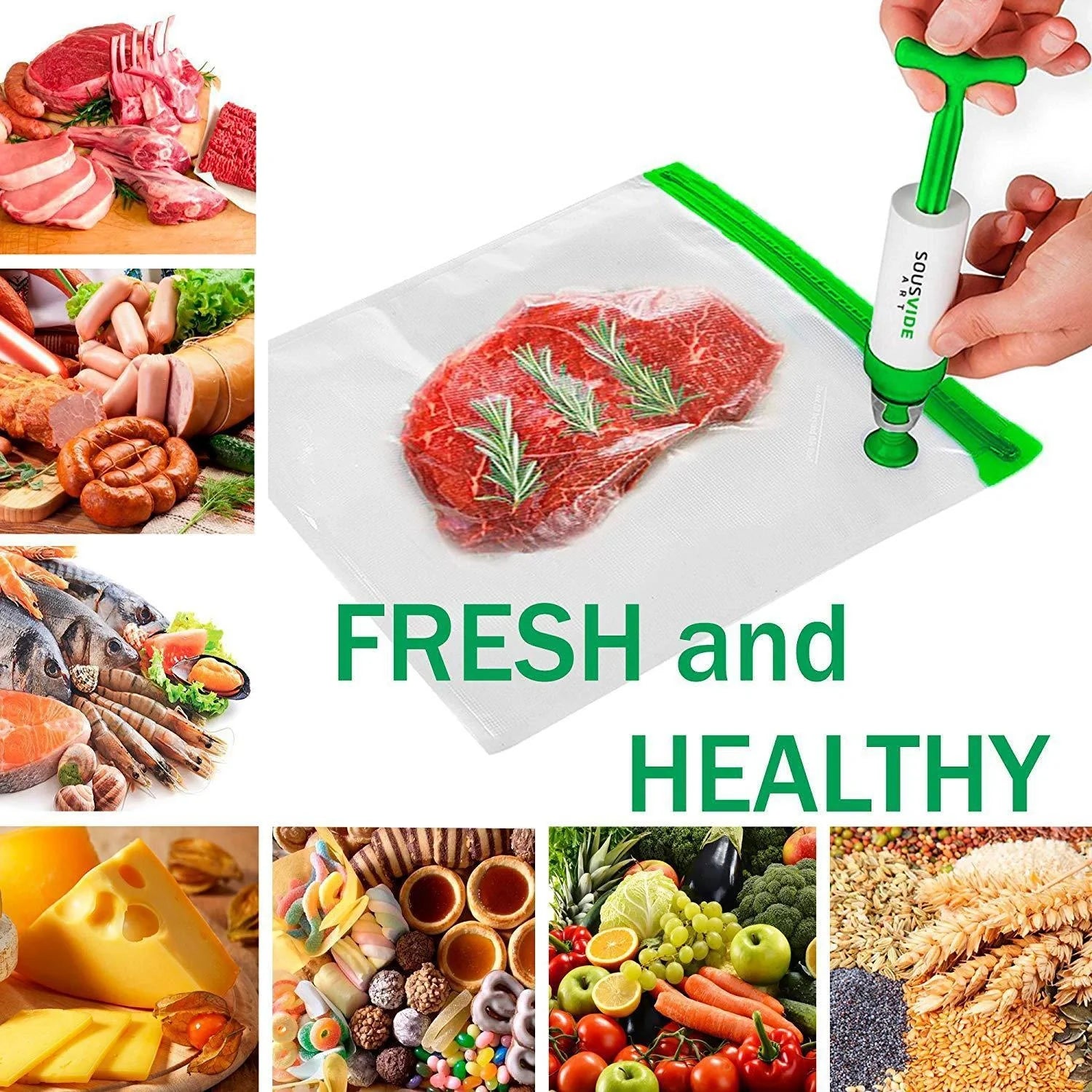 Premium vacuum seal food storage bags with hand pump for keeping food fresh longer