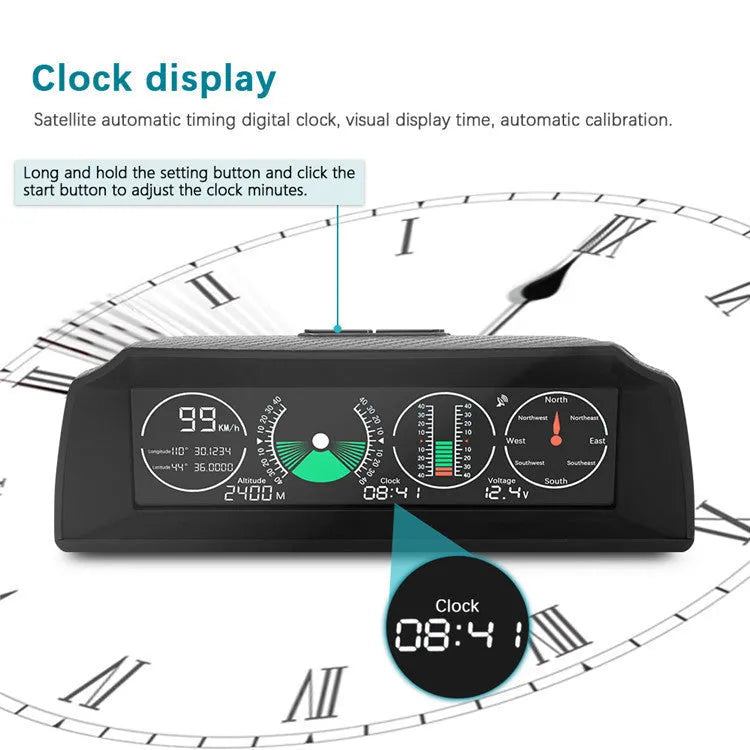 GPS GO 2 Universal Car HUD Monitor with Speed, Angle Gradient, Compass and Altitude Display for Domestic, Asian, American and European Vehicles, featuring High-Resolution Colour LCD Screen and Carbon Fibre Body Design