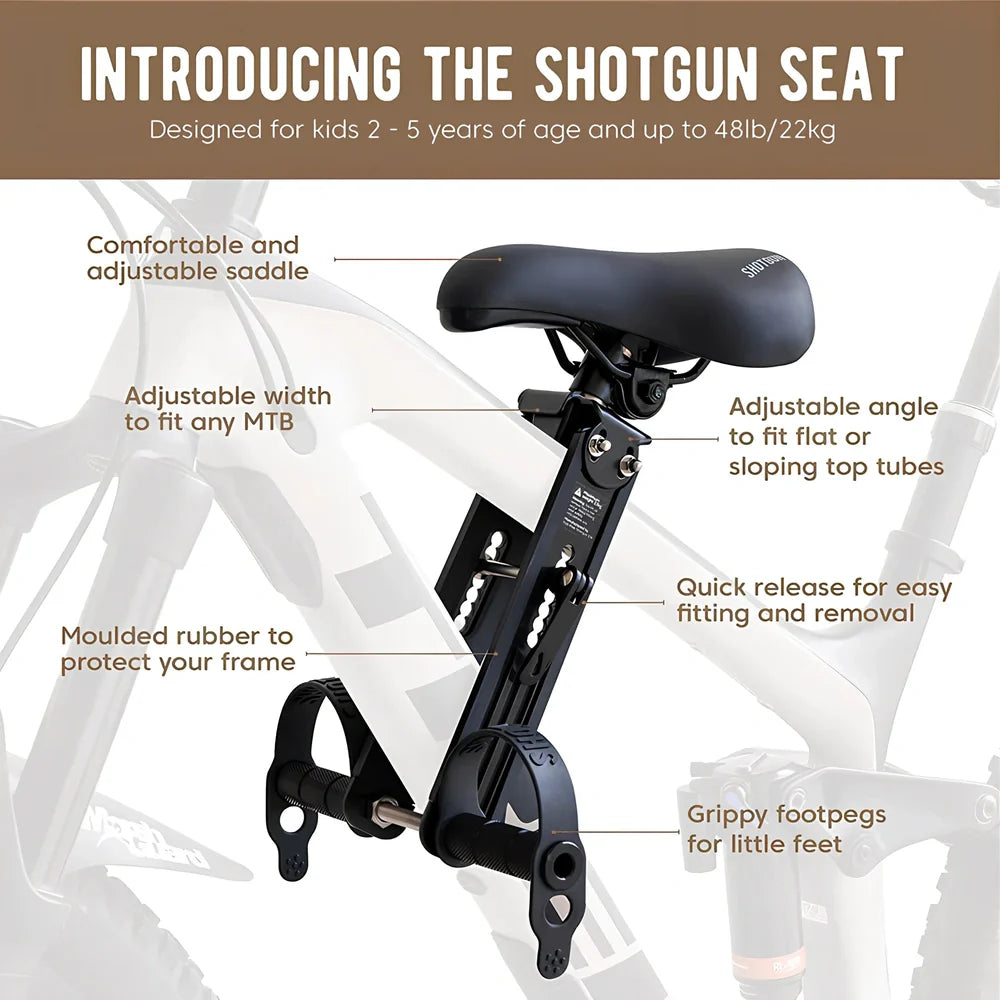 Black front-mounted kids bicycle seat with quick-release attachment for mountain bikes