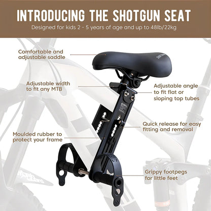 Black front-mounted kids bicycle seat with quick-release attachment for mountain bikes