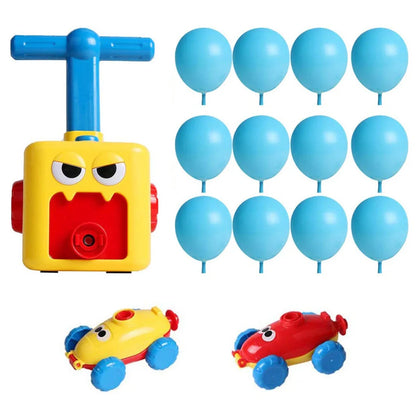 Children playing with eco-friendly balloon-powered car toy, learning aerodynamics