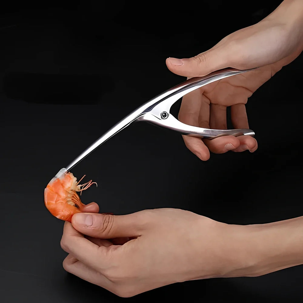 Stainless steel shrimp peeler with 21cm length and ergonomic handle for shell removal