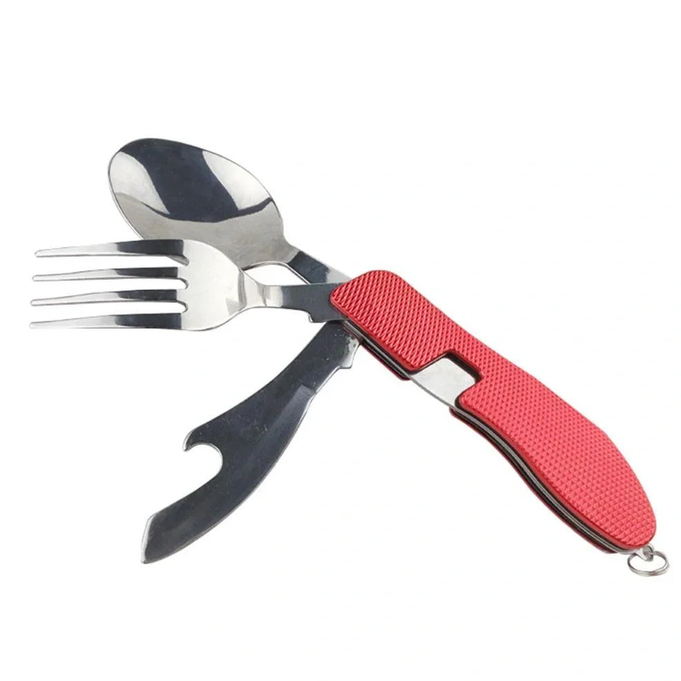 Green multi-functional 4-in-1 folding knife in stainless steel, showing folded knife, spoon, removable fork, and bottle opener for outdoor use