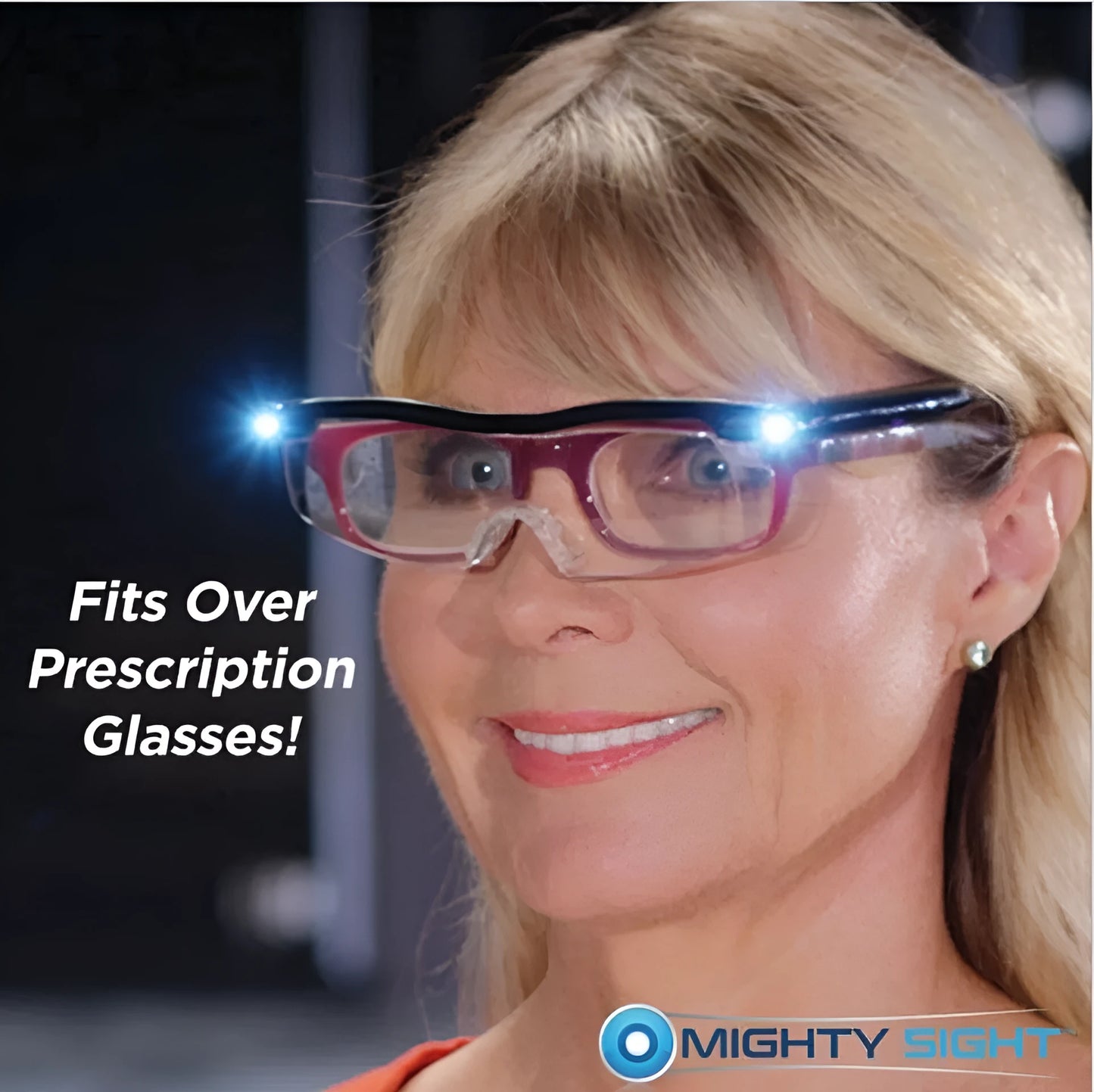 Transparent black USB LED reading glasses with integrated light on frame.