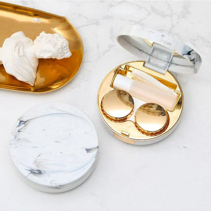 Square contact lenses case with marble surface and mirror, includes lens care accessories
