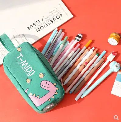 Cartoon dinosaur stationery bag in 12 Ann cotton cloth, 18.5 x 9 cm, inverted trapezoid shape, Blue Green Pink Sky Blue options