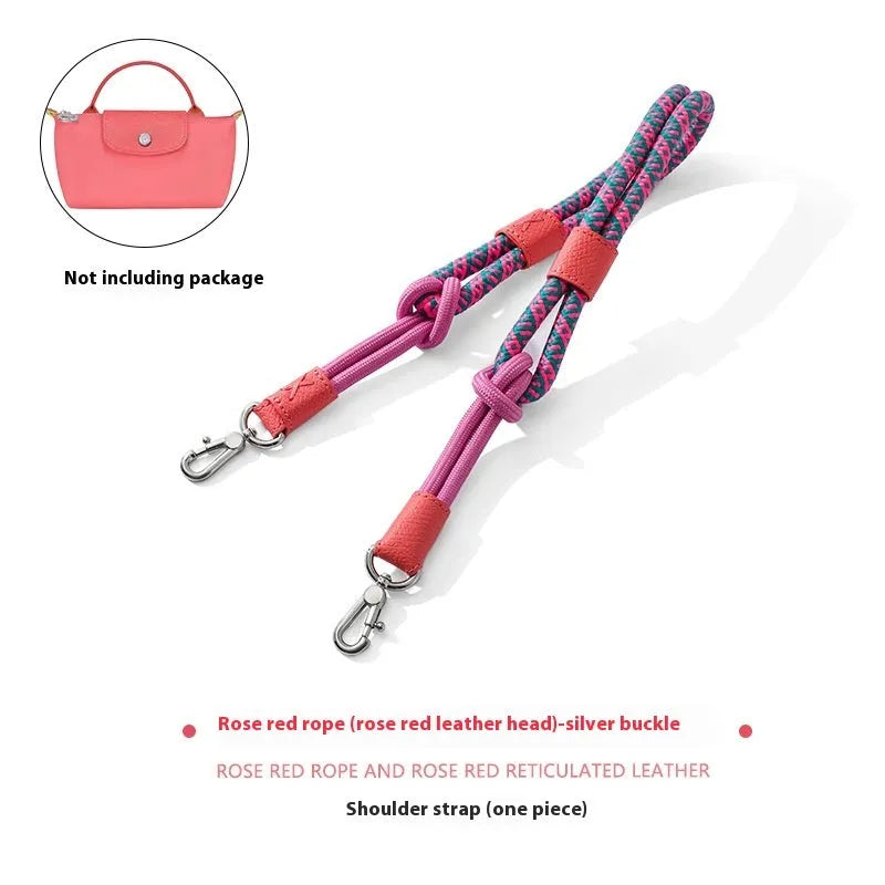 Braided rope shoulder strap with alloy hardware in silver or gold finish options