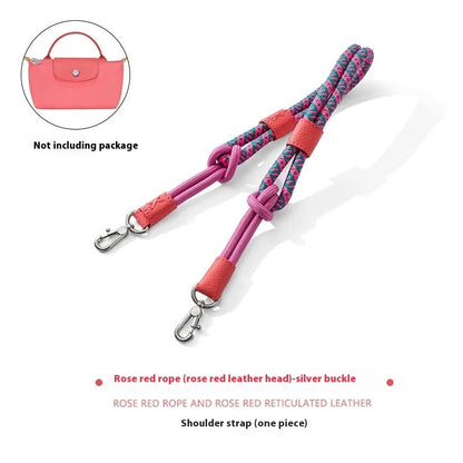 Braided rope shoulder strap with alloy hardware in silver or gold finish options