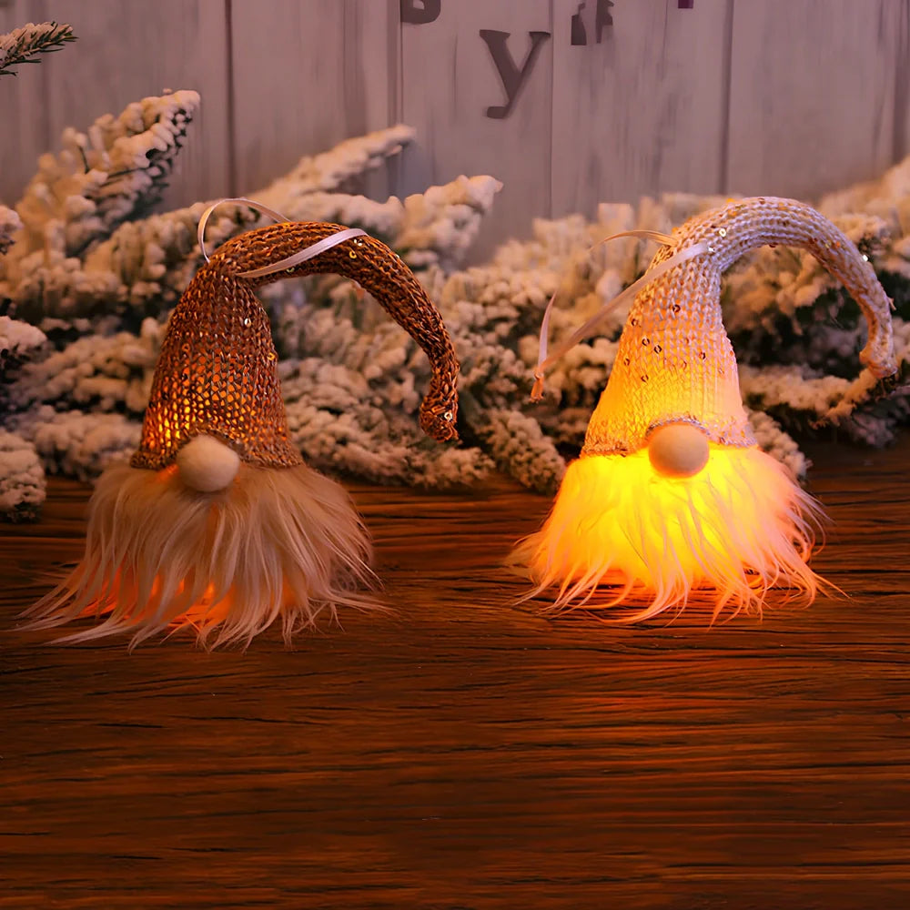 Handmade Swedish gnome Christmas decoration with warm LED lighting and snowflake details