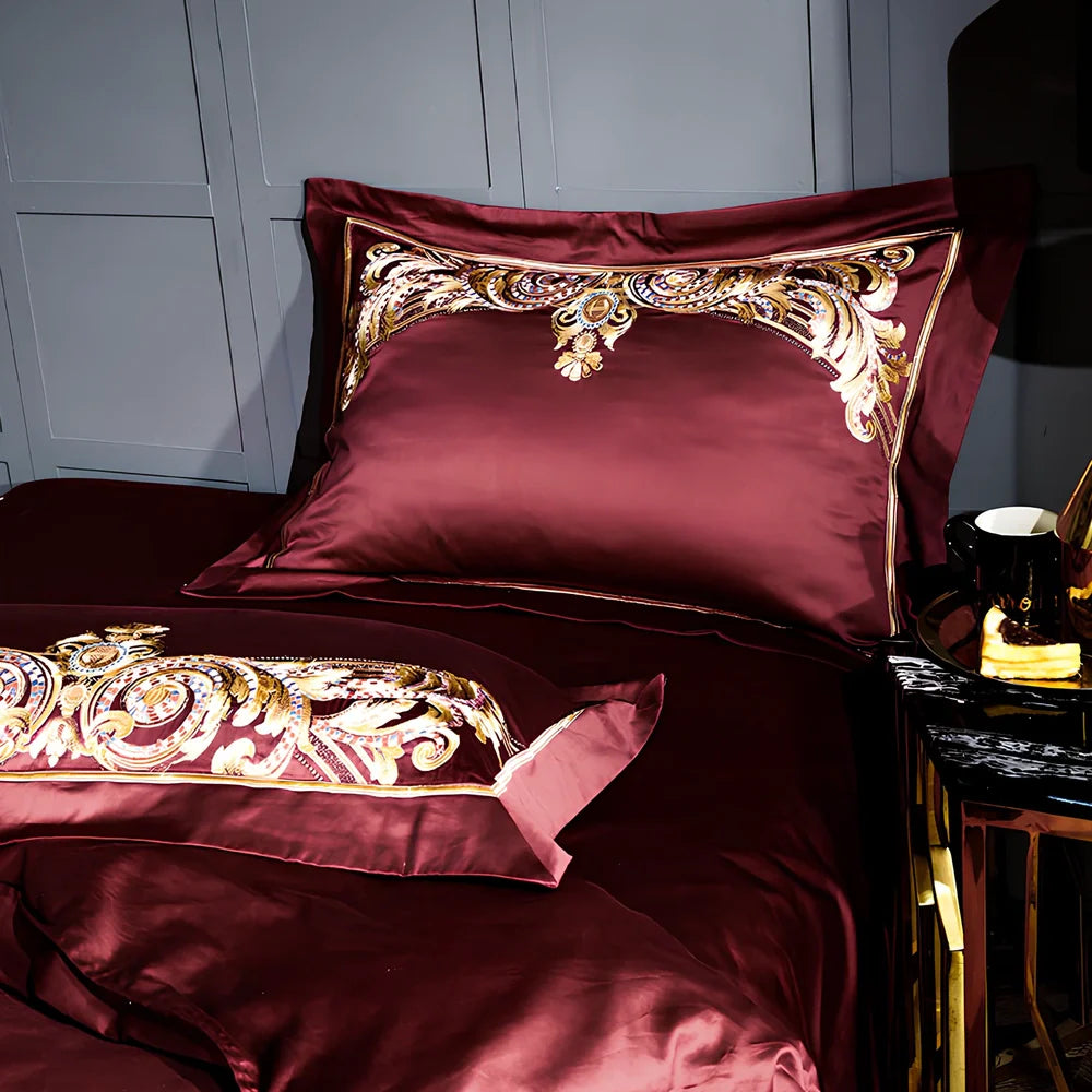 Embroidered Chinese cotton quilt cover with plant patterns in grey colour option on standard UK bed