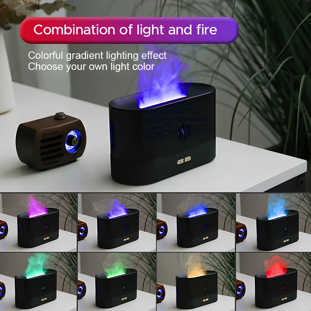 USB ultrasonic flame humidifier with colour-changing LED flame effect and mist output