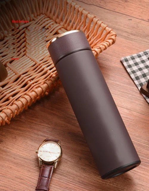 Ergonomic business travel mug with temperature display, made of durable stainless steel in black, red, and blue colors