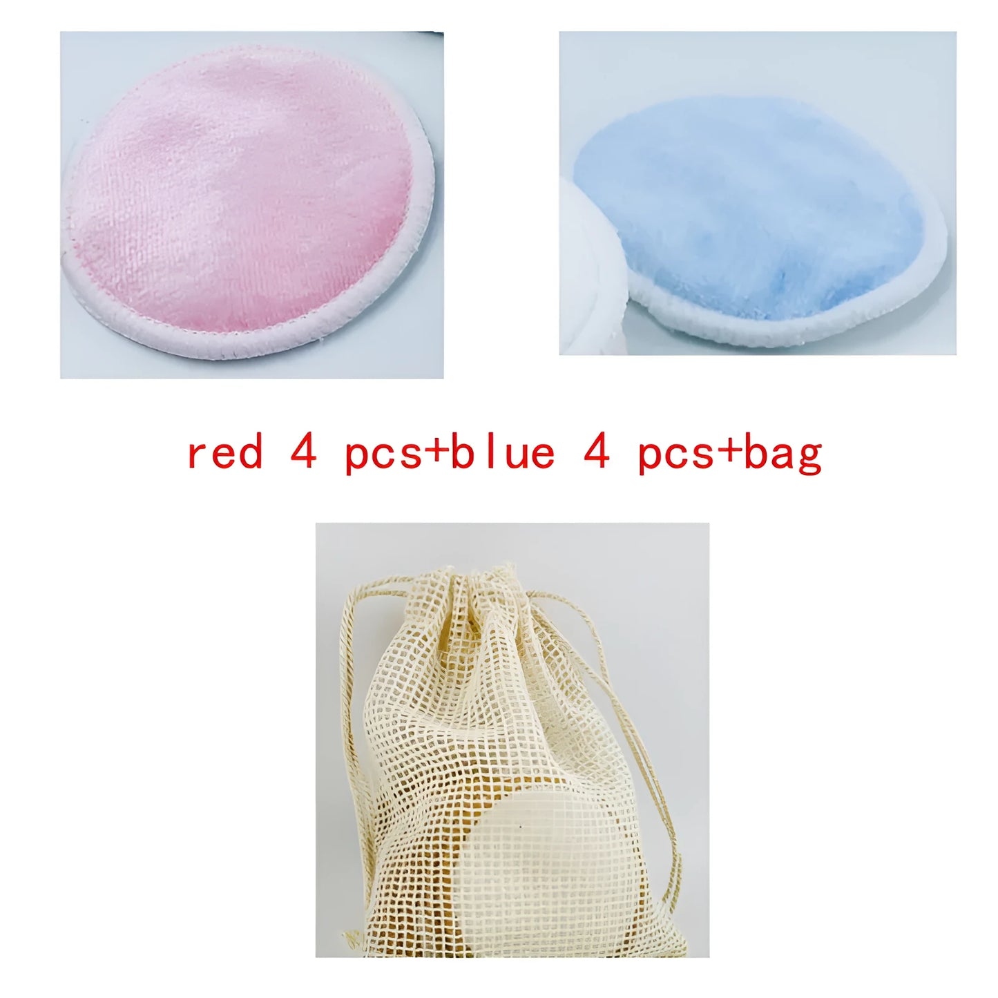 Set of water pink and light blue velvet makeup remover pads next to a cotton mesh storage bag.