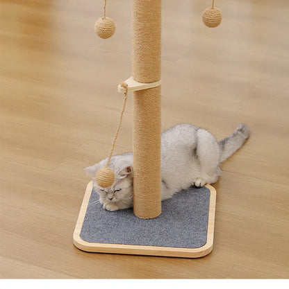 Pine wood cat climbing frame with windmill hanging ball and carpet leather scratching surfaces