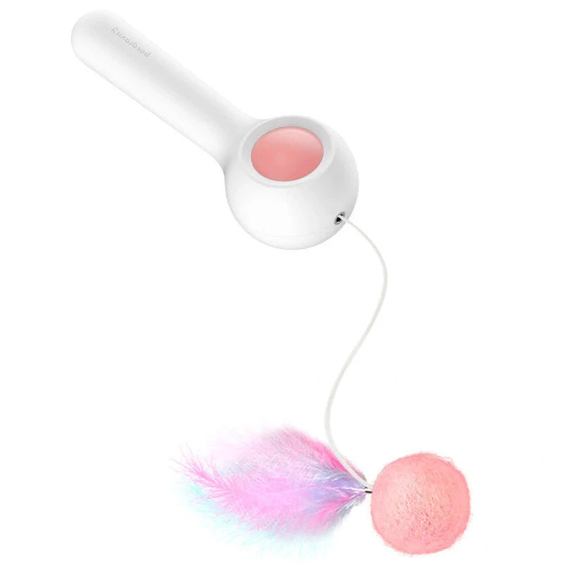 Gravity funny cat stick toy with pink handle and wool ball for feline play