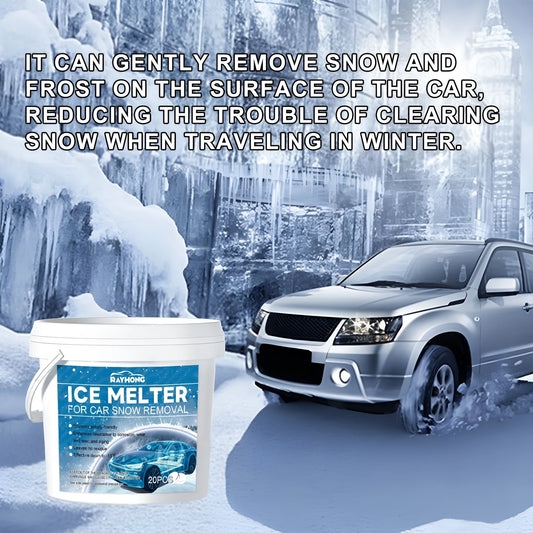 Pack of 20 car windscreen deicing effervescent tablets on a frozen car window