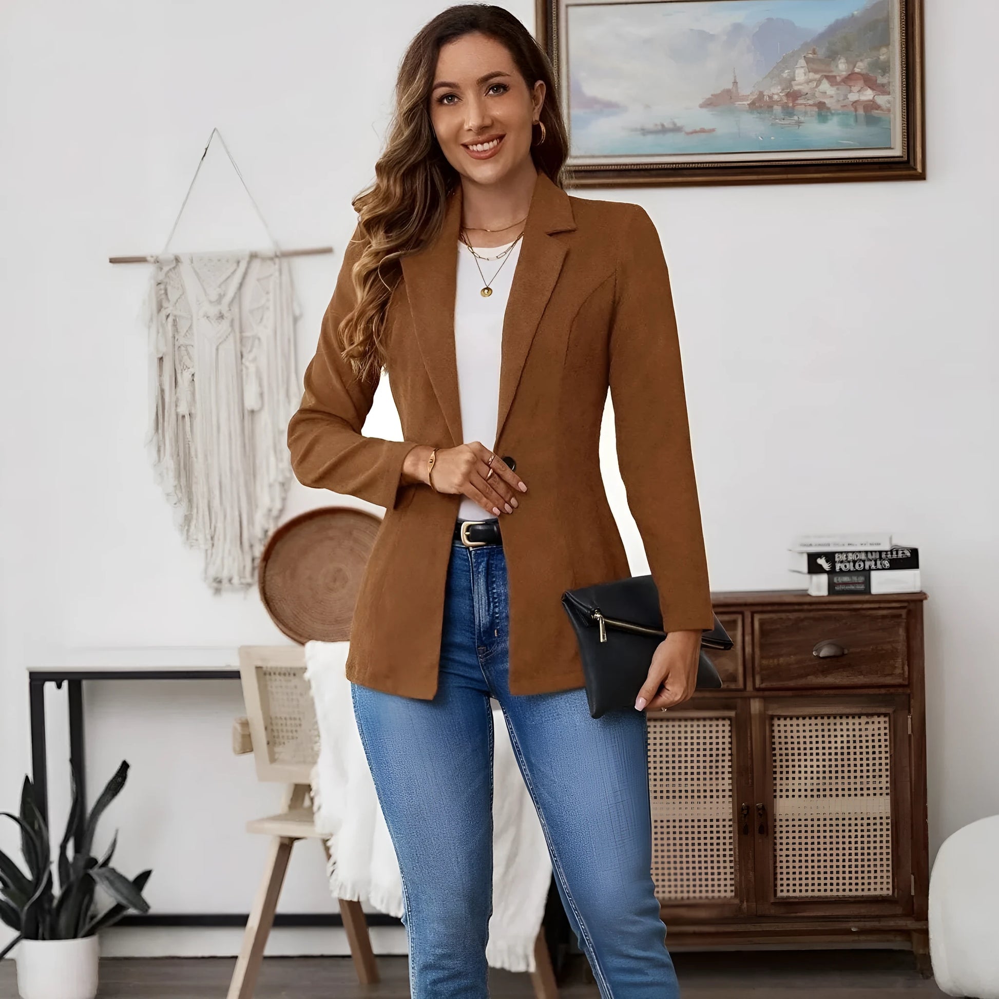Brown lapel long sleeve single-breasted leisure suit coat with polyester elastane blend