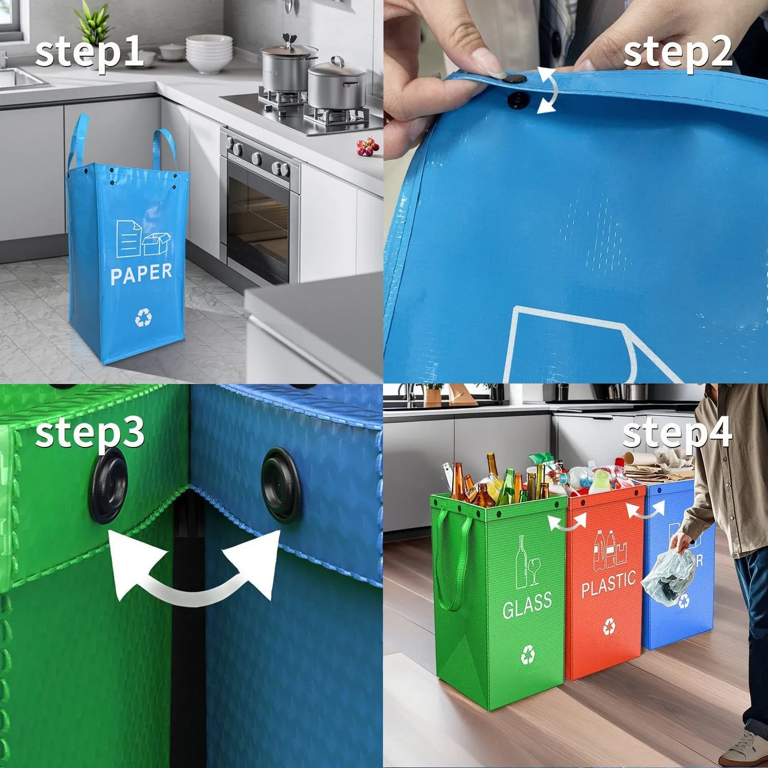 Handbag-style 40-litre garbage bin in blue, showing sorting compartments and 30x50x30cm dimensions
