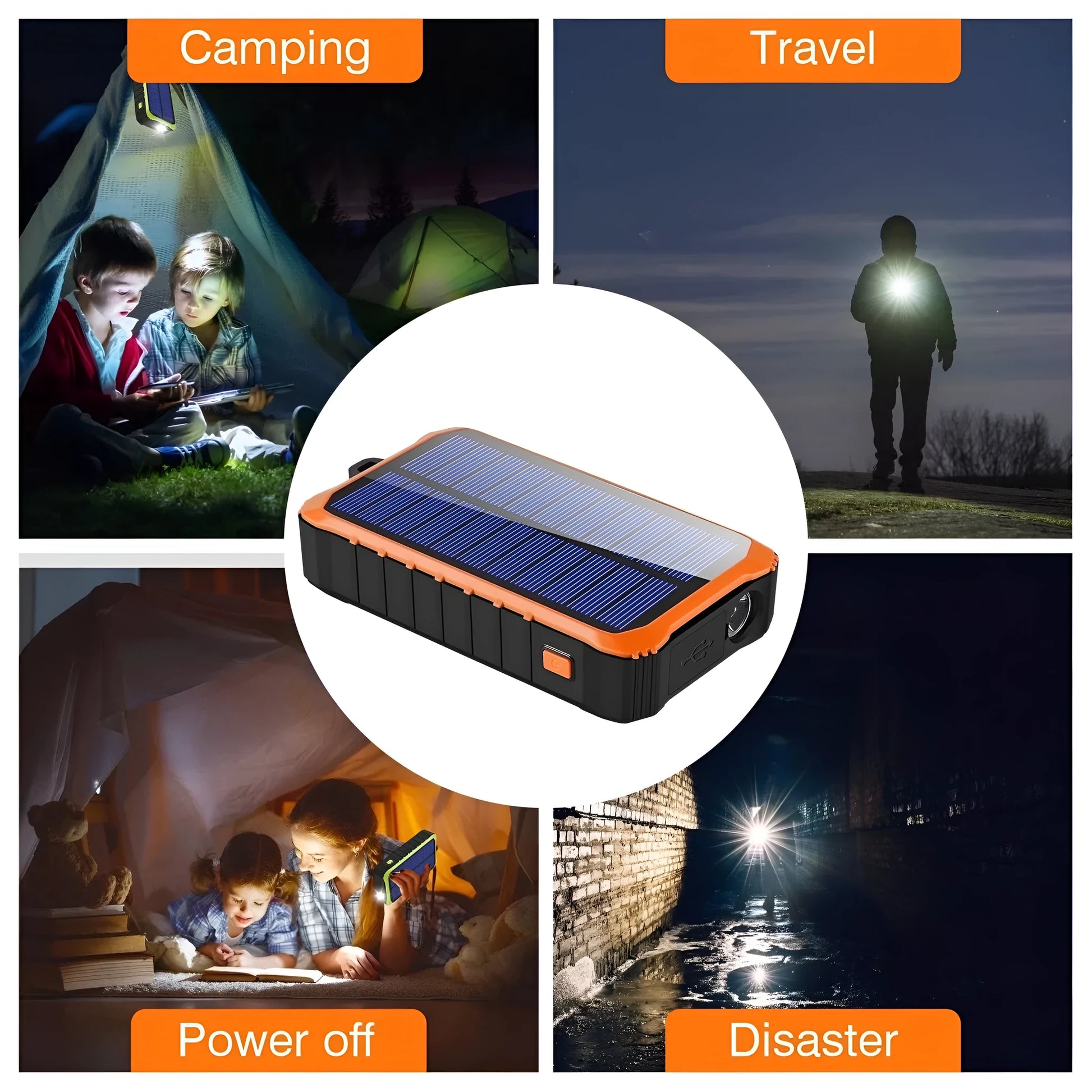 Orange and green hand solar power bank with solar panel, USB ports, and LED light showing 12000mAh capacity