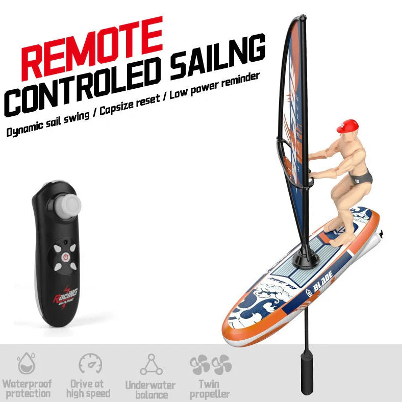 Blue remote control speedboat toy on water with USB charging cable