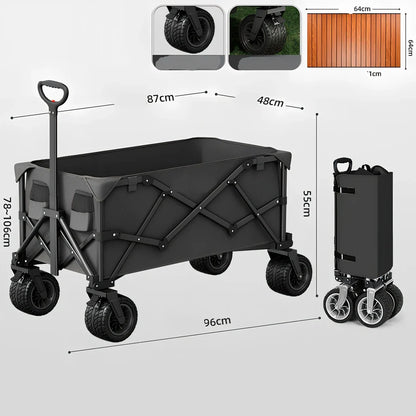Foldable black camping cart with 600kg capacity showing expanded and collapsed dimensions