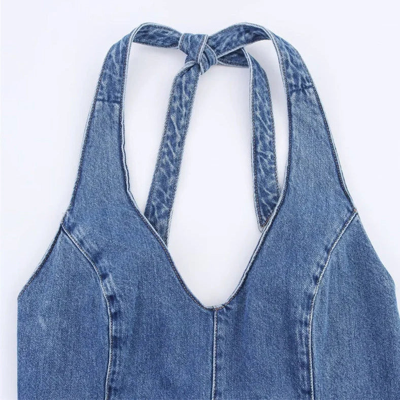 Women's off-the-shoulder backless denim dress with lace-up detail and A-line skirt in streetwear style