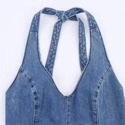 Women's off-the-shoulder backless denim dress with lace-up detail and A-line skirt in streetwear style