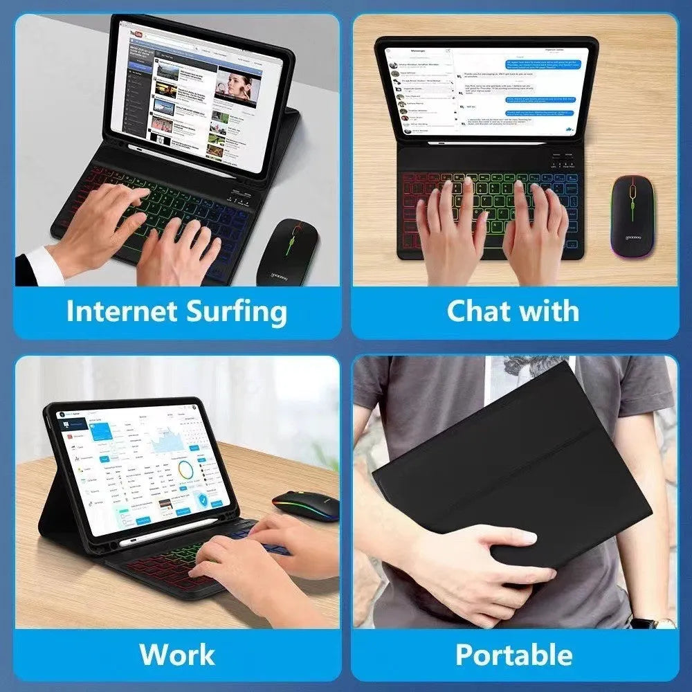 iPad in a black TPU leather case with a built-in luminous RGB backlit Bluetooth keyboard and a stand open.