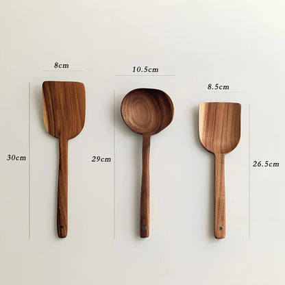 Korean teak wood cooking shovels set with three distinct designs for kitchen use