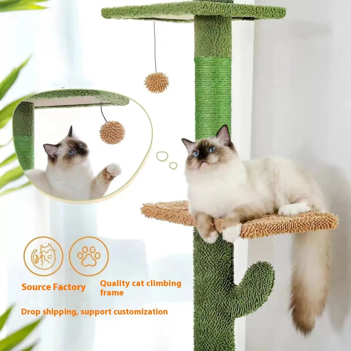Solid wood cat climbing frame with integrated scratch board and cat nest measuring 240cm tall