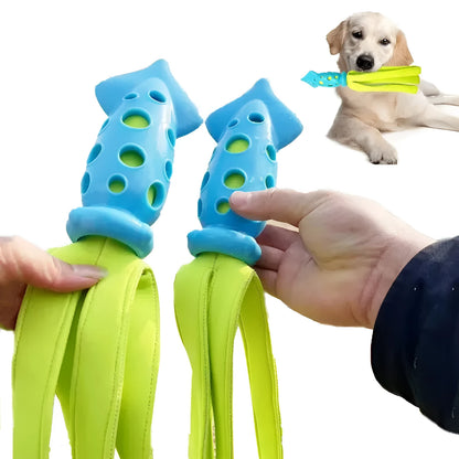 Blue cuttlefish-shaped dog chew toy with squeaker measuring approximately 39 cm