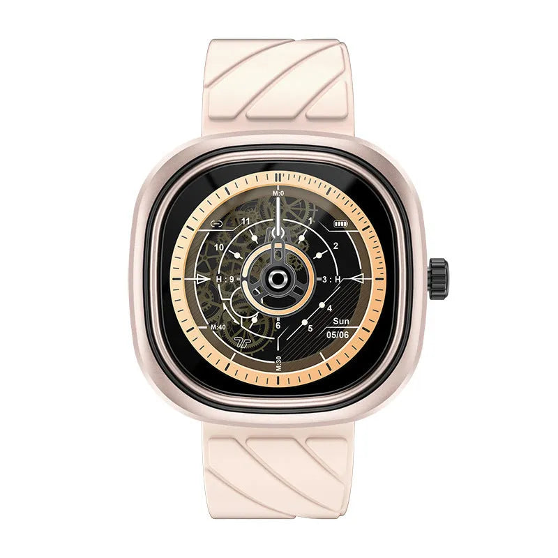 Black silicone band smart watch showing time on its 1.32-inch colour touch screen.