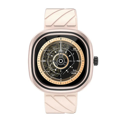 Black silicone band smart watch showing time on its 1.32-inch colour touch screen.