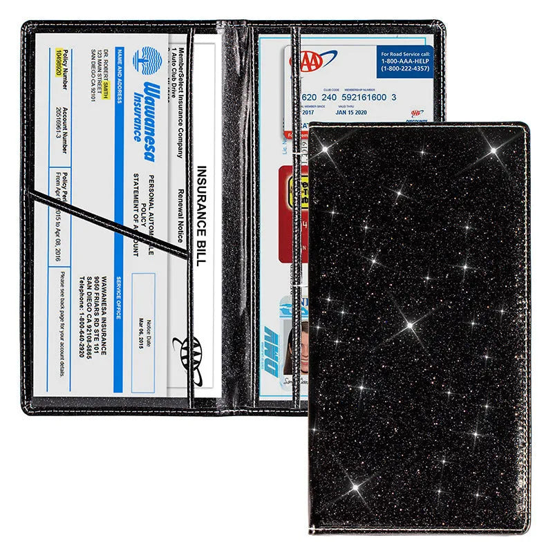 Purple PU leather car document wallet for holding a V5C registration document and insurance certificate.