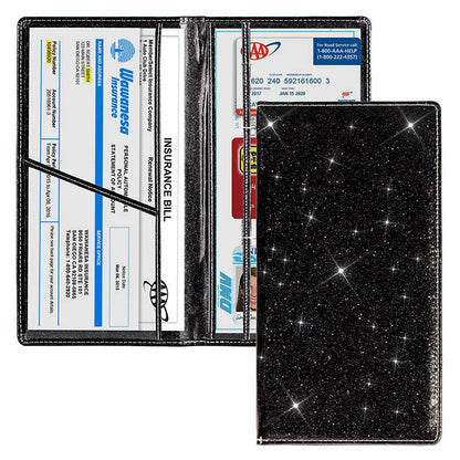Purple PU leather car document wallet for holding a V5C registration document and insurance certificate.