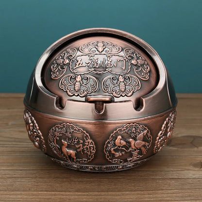 Alloy ashtray with smoke extinguishing slot in bronze finish, featuring Dragon and Phoenix motif, S size