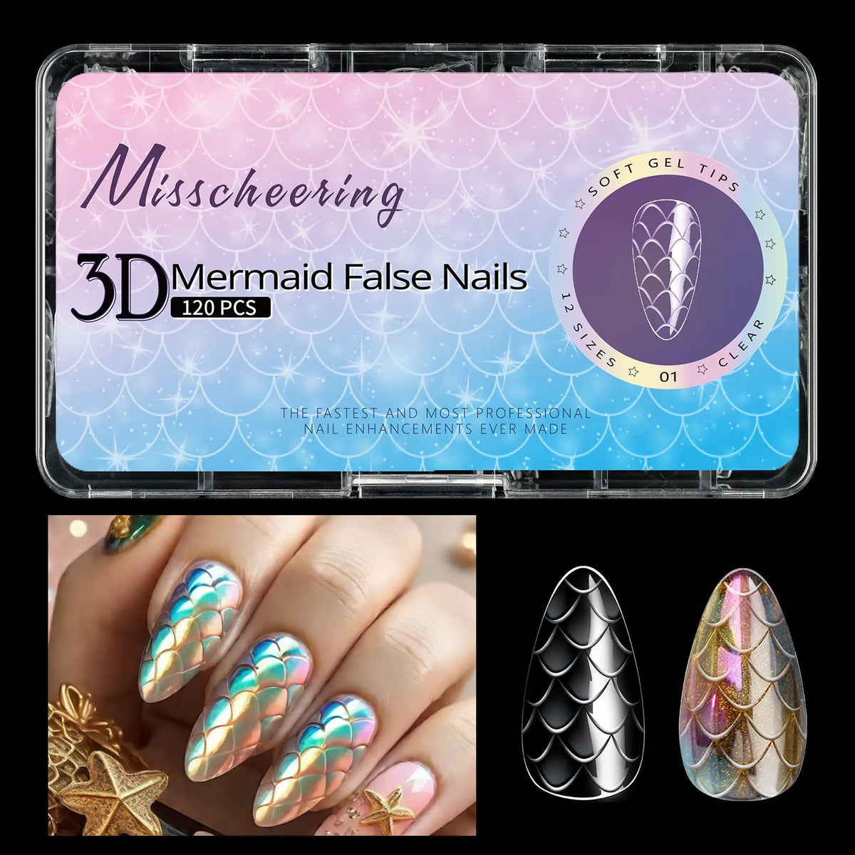 Professional 3D scale long shaping false nail tips in Frigate Box packaging for nail extensions.