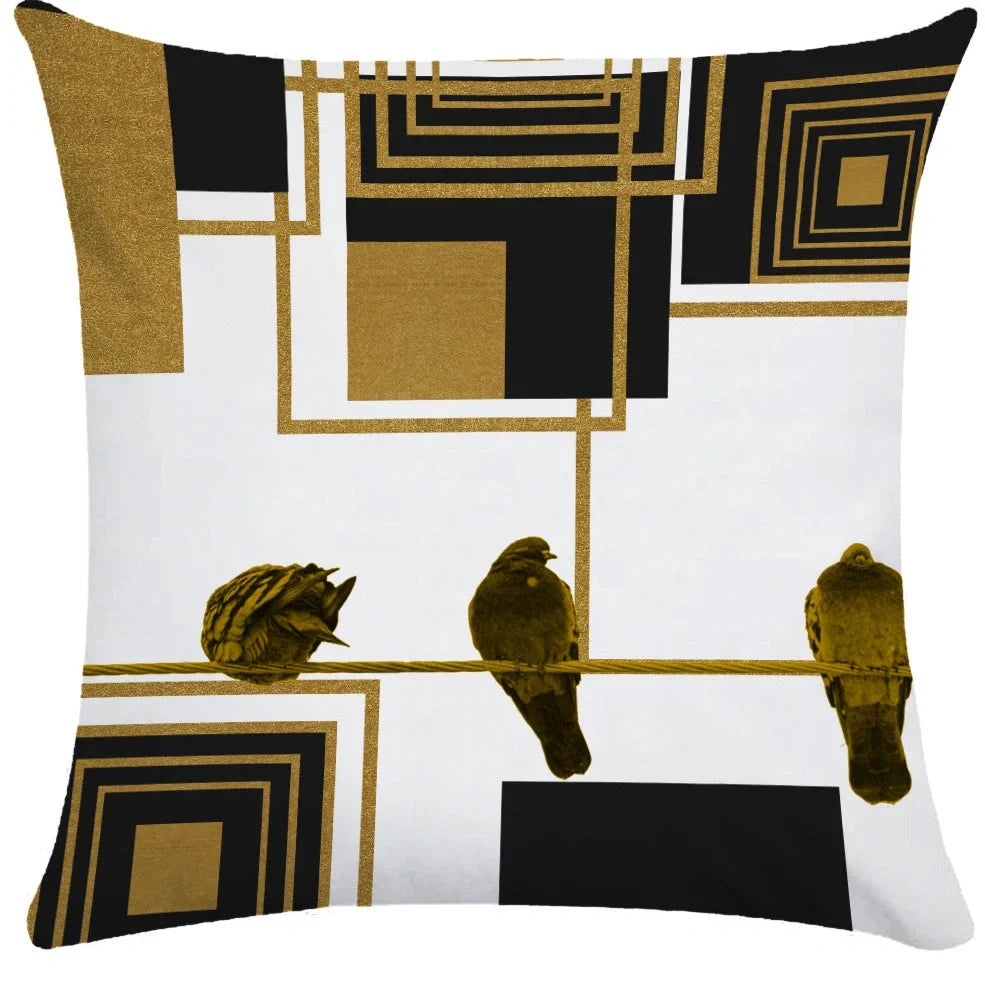 Geometric pattern throw pillow on office sofa showing 45x45cm size with plush fabric texture