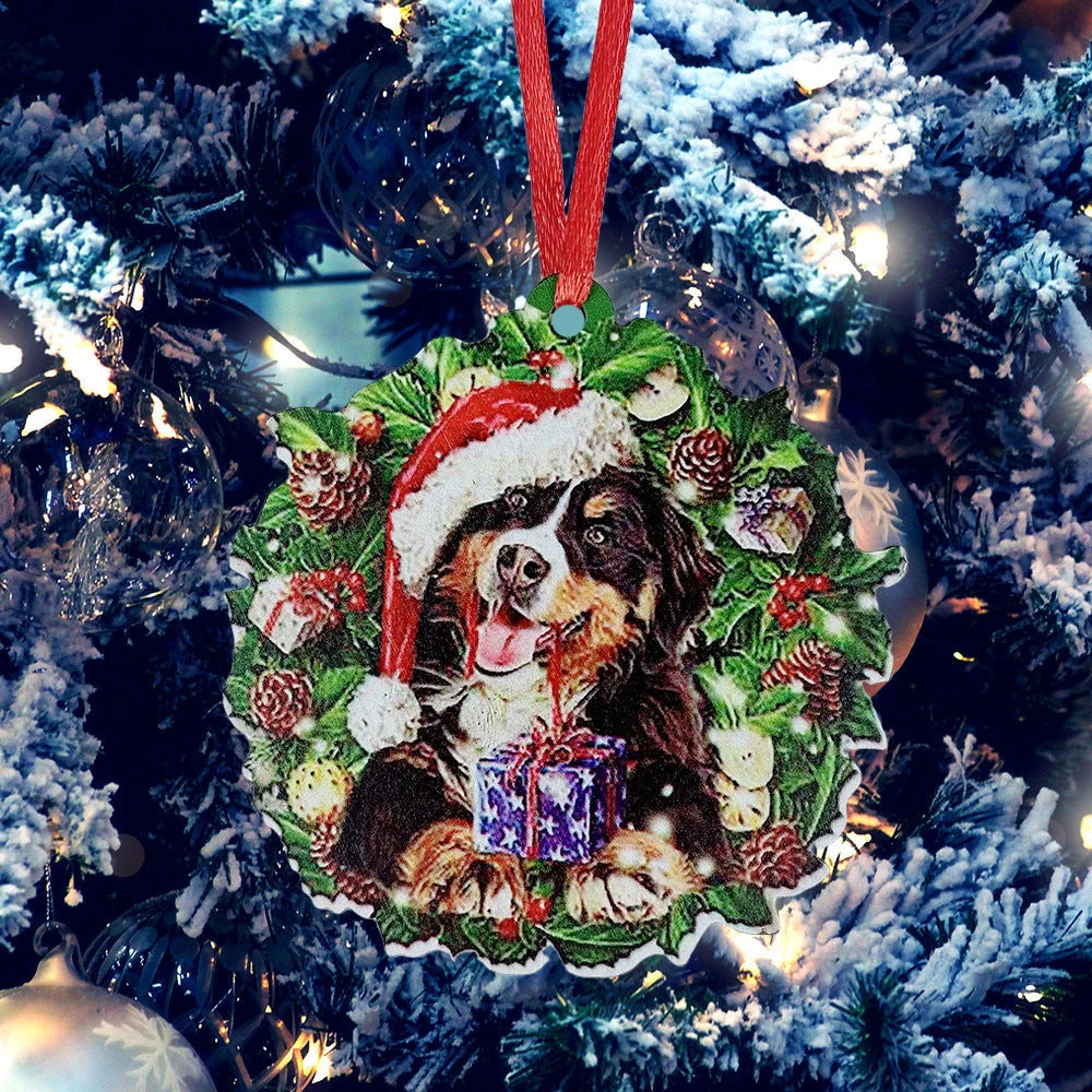 Hand-painted wooden Christmas ornament with geometric design and picture color