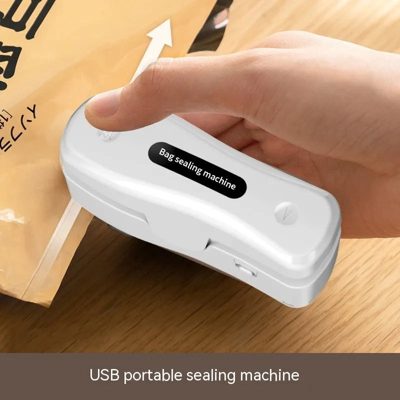 USB rechargeable mini sealing machine in black or milky white colour with compact portable design