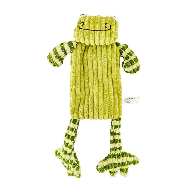 Green and orange plush dog toy with a squeaker for aggressive chewers.