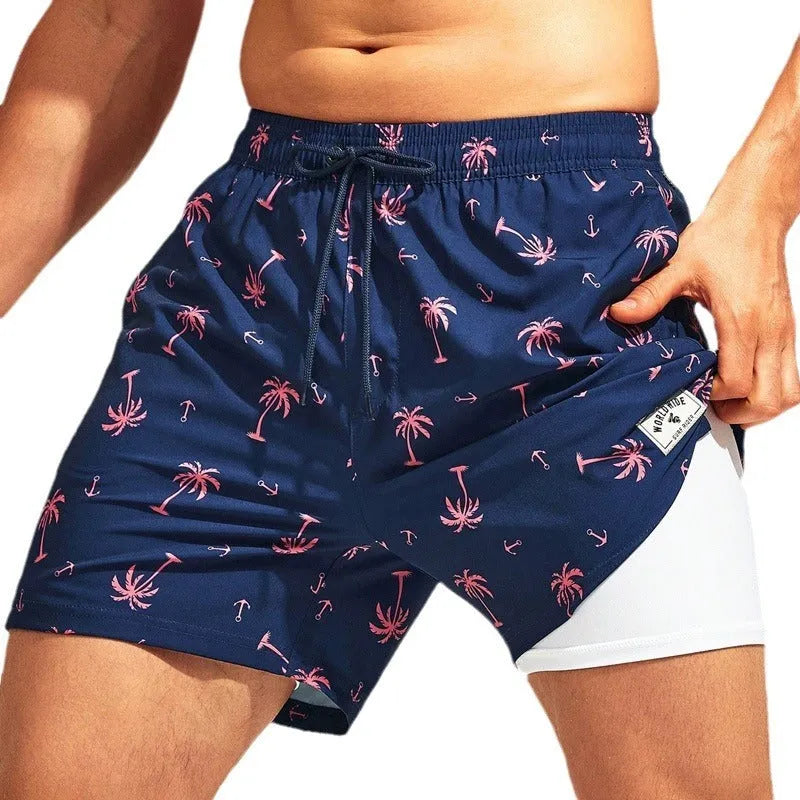 Men's loose quick-drying boxer swimming trunks in spandex fabric with various colour patterns