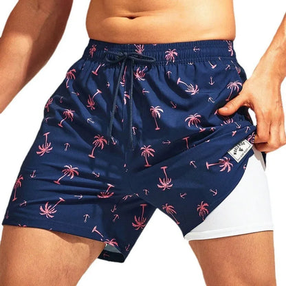 Men's loose quick-drying boxer swimming trunks in spandex fabric with various colour patterns