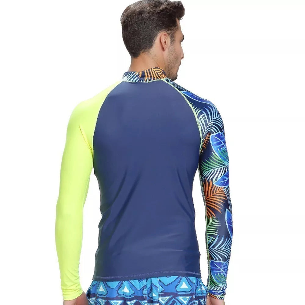 Men's long-sleeved sunscreen swimsuit in blue and green for UV protection