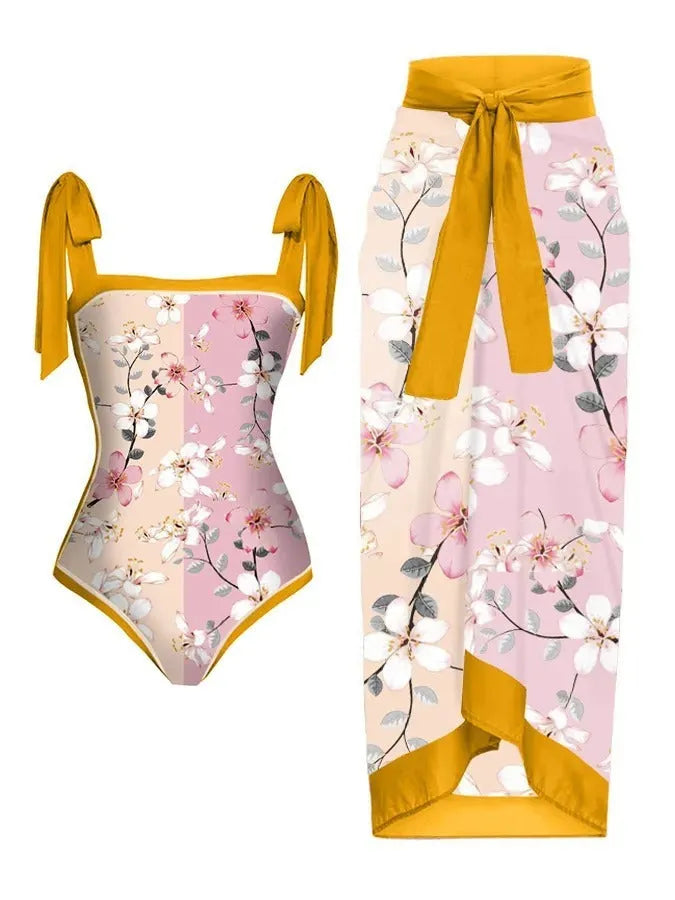 Women's floral printed two-piece swimsuit with chiffon hip skirt in multiple colour options
